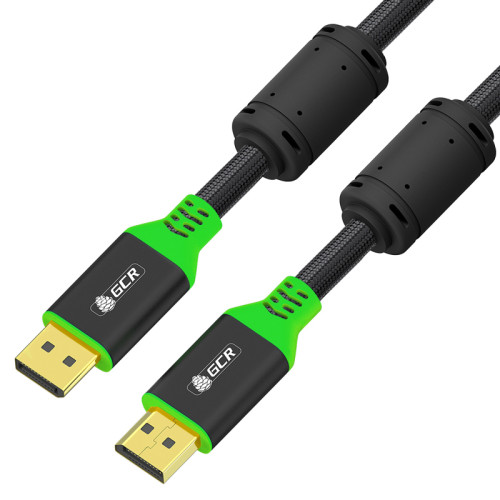 GCR Кабель PROF 1.5m DisplayPort v1.4, ECO Soft капрон, 8K 60Hz, 4K 165Hz, черный, AL case, зеленый ПВХ, ферритовые кольца, 3 Х экран с армированием, GCR-56283
