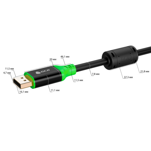 GCR PRO Кабель PROF 3.0m DisplayPort v1.4, нейлон, 8K 60Hz, 4K 165Hz, черный, AL case, зеленый ПВХ, ферритовые кольца, 3 Х экран с армированием, GCR-56291