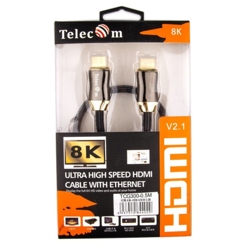 Кабель/ Кабель HDMI 19M/M,ver. 2.1, 8K@60 Hz 0.5m метал разъемы, нейлоновая оплетка Telecom <TCG300-0.5M> Кабель/ Кабель HDMI 19M/M,ver. 2.1, 8K@60 Hz 0.5m метал разъемы, нейлоновая оплетка Telecom <TCG300-0.5M>