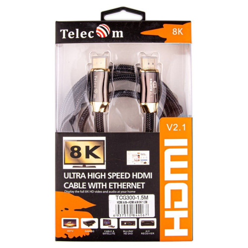 Кабель/ Кабель HDMI 19M/M,ver. 2.1, 8K@60 Hz 1.5m метал разъемы, нейлоновая оплетка Telecom <TCG300-1.5M> Кабель/ Кабель HDMI 19M/M,ver. 2.1, 8K@60 Hz 1.5m метал разъемы, нейлоновая оплетка Telecom <TCG300-1.5M>