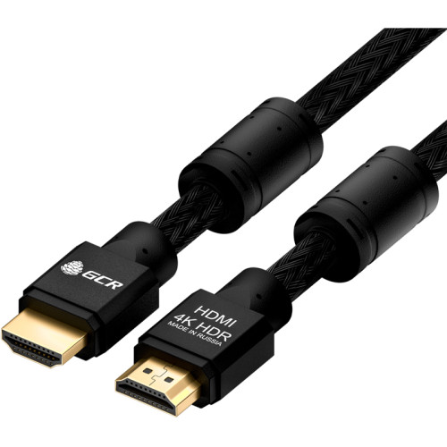 GCR Кабель 12.0m HDMI версия 2.0, HDR 4:2:0, Ultra HD, 4K 60 fps 60Hz/5K*30Hz, 3D, AUDIO, 18.0 Гбит/с, 28/28 AWG, OD7.8mm, тройной экран, черный нейлон, AL корпус черный, фер.кольца, GCR-52195