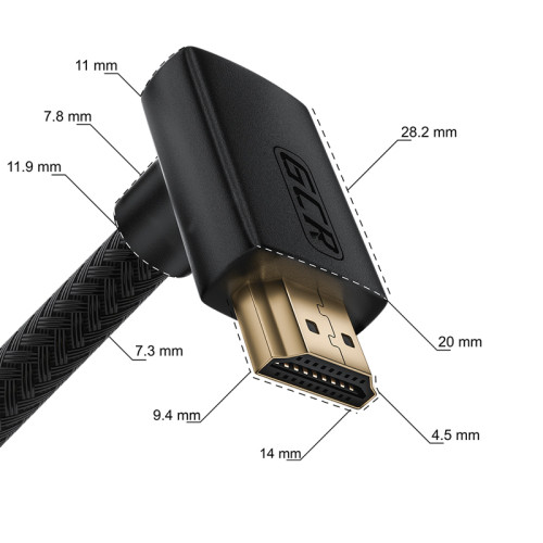 GCR Кабель 0.5m HDMI 2.0, M/M верхний угол, черный нейлон, HDR 4:2:2, Ultra HD, 4K 60 fps 60Hz/5K*30Hz, 3D, AUDIO, 18.0 Гбит/с, 28/28 AWG, GCR-53291