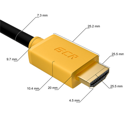 GCR Кабель 5.0m HDMI версия 2.0, HDR 4:2:2, Ultra HD, 4K 60 fps 60Hz/5K*30Hz, 3D, AUDIO, 18.0 Гбит/с, 28/28 AWG, OD7.3mm, тройной экран, черный, желтые коннекторы, GCR-HM441-5.0m