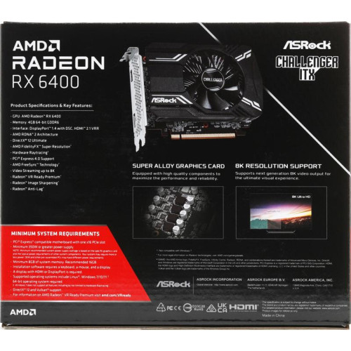 Видеокарта Asrock PCI-E 4.0 RX6400 CLI 4G AMD Radeon RX 6400 4Gb 64bit GDDR6 1923/16000 HDMIx1 DPx1 HDCP Ret [RX6400 CLI 4G]