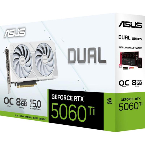 Видеокарта Asus PCI-E 5.0 DUAL-RTX5060TI-O8G-WHITE NVIDIA GeForce RTX 5060TI 8Gb 128bit GDDR7 2602/28000 HDMIx1 DPx3 HDCP Ret