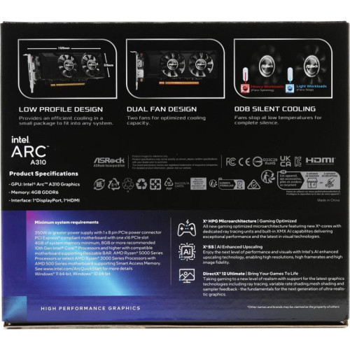 Видеокарта Asrock PCI-E 4.0 A310 LP 4G INTEL ARC A310 4Gb 64bit GDDR6 2000/15500 HDMIx1 DPx1 HDCP Ret low profile [A310 LP 4G]