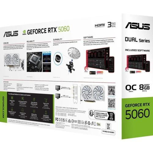 Видеокарта Asus PCI-E 5.0 DUAL-RTX5060-O8G-WHITE NVIDIA GeForce RTX 5060 8Gb 128bit GDDR7 2602/28000 HDMIx1 DPx3 HDCP Ret Видеокарта Asus PCI-E 5.0 DUAL-RTX5060-O8G-WHITE NVIDIA GeForce RTX 5060 8Gb 128bit GDDR7 2602/28000 HDMIx1 DPx3 HDCP Ret