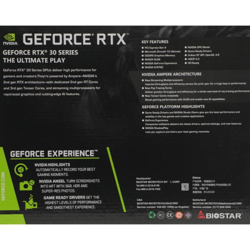 Видеокарта Biostar PCI-E 4.0 RTX3060-12GB NVIDIA GeForce RTX 3060 12Gb 192bit GDDR6 1320/15000 HDMIx1 DPx3 HDCP Ret