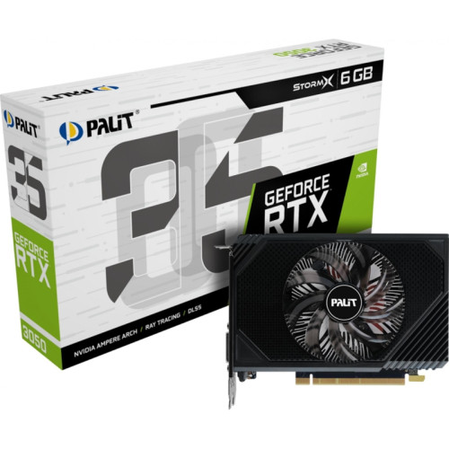 Видеокарта Palit PCI-E 4.0 RTX3050 STORMX NVIDIA GeForce RTX 3050 6Gb 96bit GDDR6 1042/14000 DVIx1 HDMIx1 DPx1 HDCP Ret [NE63050018JE-1070F/1072F]