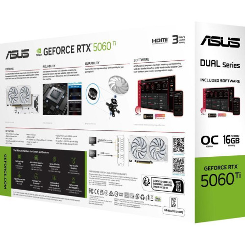 Видеокарта Asus PCI-E 4.0 DUAL-RTX5060TI-O16G-WHITE NVIDIA GeForce RTX 5060TI 16Gb 128bit GDDR7 2602/28000 HDMIx1 DPx3 HDCP Ret