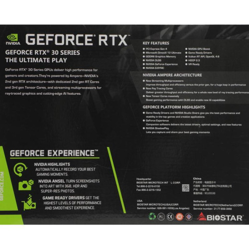 Видеокарта Biostar PCI-E 4.0 RTX3060Ti-LHR NVIDIA GeForce RTX 3060Ti 8Gb 256bit GDDR6 1410/14000 HDMIx1 DPx3 HDCP Ret