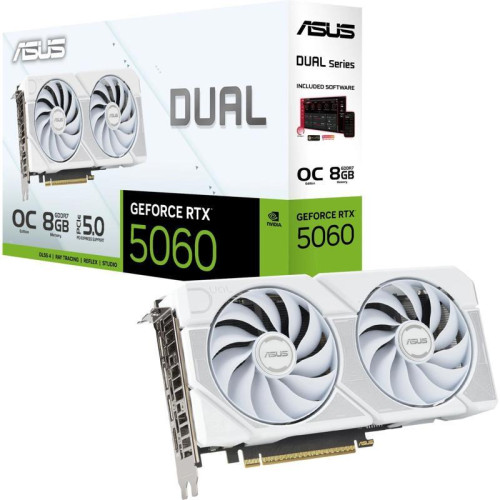 Видеокарта Asus PCI-E 5.0 DUAL-RTX5060-O8G-WHITE NVIDIA GeForce RTX 5060 8Gb 128bit GDDR7 2602/28000 HDMIx1 DPx3 HDCP Ret Видеокарта Asus PCI-E 5.0 DUAL-RTX5060-O8G-WHITE NVIDIA GeForce RTX 5060 8Gb 128bit GDDR7 2602/28000 HDMIx1 DPx3 HDCP Ret