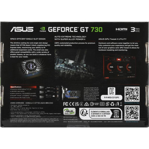 Видеокарта ASUS PCI-E GT730-2GD3-BRK-EVO NVIDIA GeForce GT 730 2Gb 64bit DDR3 902/1800 DVIx1 HDMIx1 CRTx1 HDCP Ret [GT730-2GD3-BRK-EVO]