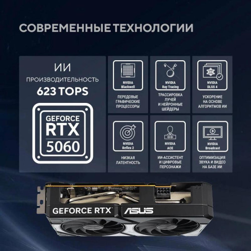 Видеокарта Asus PCI-E 4.0 DUAL-RTX5060-O8G NVIDIA GeForce RTX 5060 8Gb 128bit GDDR7 2535/28000 HDMIx1 DPx3 HDCP Ret