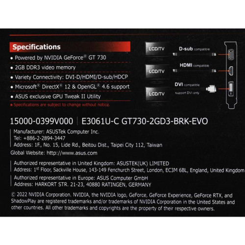 Видеокарта ASUS PCI-E GT730-2GD3-BRK-EVO NVIDIA GeForce GT 730 2Gb 64bit DDR3 902/1800 DVIx1 HDMIx1 CRTx1 HDCP Ret [GT730-2GD3-BRK-EVO]