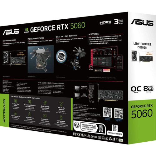 Видеокарта Asus PCI-E 4.0 RTX5060-O8G-LP-BRK NVIDIA GeForce RTX 5060 8Gb 128bit GDDR7 2550/28000 HDMIx1 DPx3 HDCP Ret