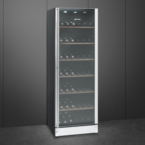 Винный шкаф SMEG/ Винный шкаф SMEG, отдельностоящий, Classica, 197 бутылок, деревянные полки, угольный воздушный фильтр, LED подсветка, акустический сигнал открытой дверцы/повышения температуры, электронный контроль температуры, энергоэффективность G, цве