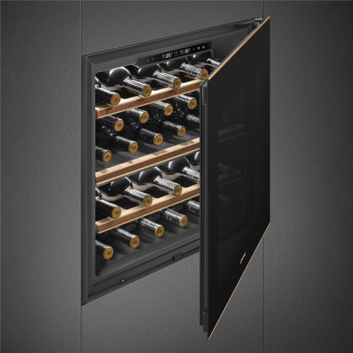 Винные шкафы SMEG/ Холодильный шкаф для вина встраиваемый, 60 см, высота 60 см, петли перенавешиваемые, черное стекло.