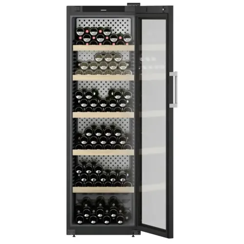 Винный шкаф LIEBHERR/  Серия GrandCru Selection, дверь со стеклопакетом с защитой от УФ-излучения, жесткая ручка из алюминия, в. 188,4 см, ш. 60 см, макс. кол-во бутылок Бордо (0,75 л): 229 бут., черный цвет