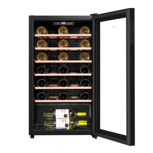 Винный шкаф MAUNFELD MFWC-85S34 ВхШхГ 875х480х435 мм, 34 бутылок, от 5 ° C до 20 ° C, отдельностоящий, полезный объем 85 л, электронный термостат, индикация температуры, диапазон влажности 50-80%, вентилятор для распределения температуры, звуковой сигнал 