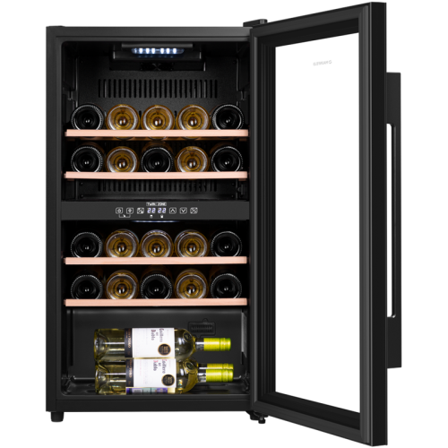 Винный шкаф MAUNFELD MFWC-85D28  ВхШхГ 875х480х435 мм, 28 бутылок, от 5 ° C до 22 ° C, отдельностоящий, полезный объем 80 л, электронный термостат, индикация температуры, диапазон влажности 50-80%, вентилятор для распределения температуры, звуковой сигнал