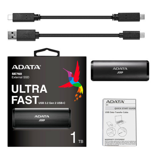 Твердотельный накопитель/ ADATA External SSD SE760, 1024GB, Type-C, USB 3.2 Gen2, R/W 1000/800 MB/s, 122x44x14mm, Black (3 года)