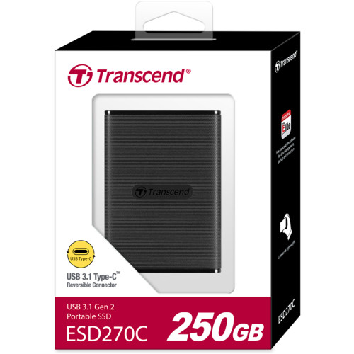 Твердотельный накопитель/ Transcend External SSD ESD270C, 250GB, Type-C, USB 3.1 Gen2, R/W 520/460MB/s, 77x56x10mm, Black (3 года)