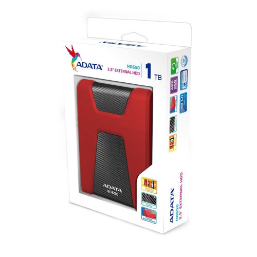 Жесткий диск внешний/ Portable HDD 1TB ADATA HD650 (Red), Silicone, USB 3.2 Gen1, 121x81x21mm, 201g /3 года/