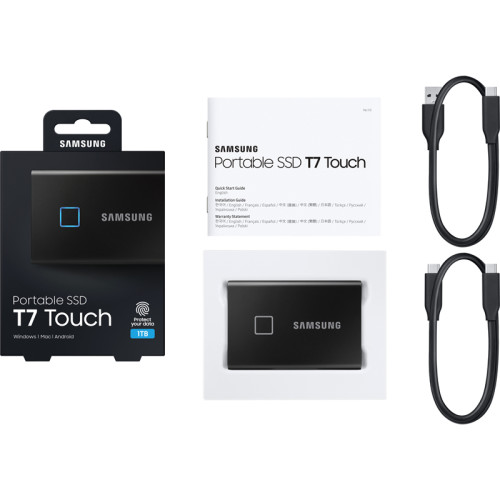 Внешние HDD и SSD/ Samsung External SSD T7 Touch, 1000GB, Touch ID, Type-C, USB 3.2 Gen2, R/W 1050/1000MB/s, 85x57x8mm, Black (12 мес.)