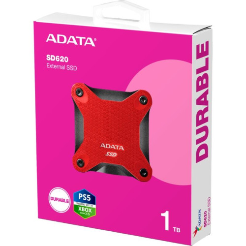 Твердотельный накопитель/ ADATA External SSD SD620, 1000GB, Type-C, USB 3.2 Gen2, R/W 520/460 MB/s, 80x80x15mm, Red (5 лет)