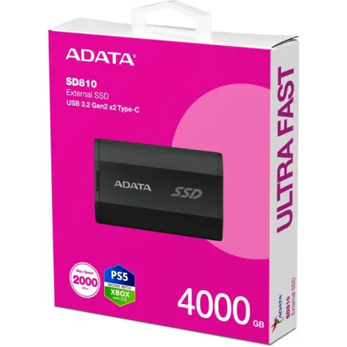 Твердотельный накопитель/ ADATA External SSD SD810, 4000GB, Type-C, USB 3.2 Gen2х2, up to R/W 2000/2000 MB/s, 72.7x44x12.2mm, Black (5 лет) Твердотельный накопитель/ ADATA External SSD SD810, 4000GB, Type-C, USB 3.2 Gen2х2, up to R/W 2000/2000 MB/s, 72.7x44x12.2mm, Black (5 лет)