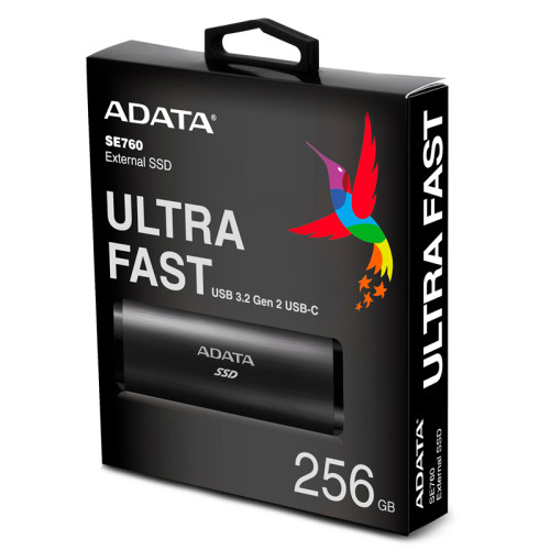 Твердотельный накопитель/ ADATA External SSD SE760, 256GB, Type-C, USB 3.2 Gen2, R/W 1000/800 MB/s, 122x44x14mm, Black (3 года)