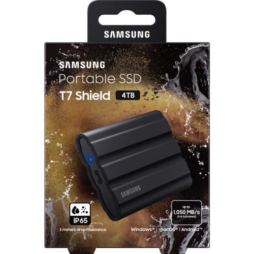 Внешние HDD и SSD Samsung External SSD T7 Shield, 4TB, Type C-to-C/A, USB 3.2 Gen2, R/W 1050/1000MB/s, IP65, 88x59x13mm, 98g, Black (12 мес.)