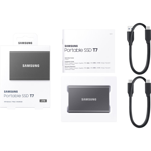 Внешние HDD и SSD Samsung External SSD T7, 2000GB, Type-C, USB 3.2 Gen2, R/W 1050/1000MB/s, 85x57x8mm, Titan Gray (12 мес.)