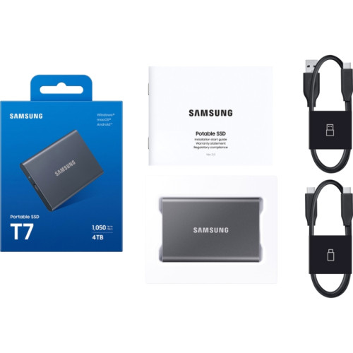 Внешние HDD и SSD/ Samsung External SSD T7, 4000GB, Type-C, USB 3.2 Gen2, R/W 1050/1000MB/s, 85x57x8mm, Titan Grey (12 мес.) Внешние HDD и SSD/ Samsung External SSD T7, 4000GB, Type-C, USB 3.2 Gen2, R/W 1050/1000MB/s, 85x57x8mm, Titan Grey (12 мес.)