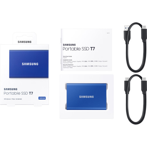 Внешние HDD и SSD/ Samsung External SSD T7, 500GB, Type-C, USB 3.2 Gen2, R/W 1050/1000MB/s, 85x57x8mm, Indigo Blue (12 мес.)