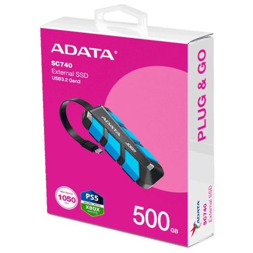 Твердотельный накопитель/ ADATA External SSD SC740, 500GB, Type-C, USB 3.2 Gen2, R/W 1050/1000 MB/s, 121.8x40.5x22.3mm, Blue (5 лет)