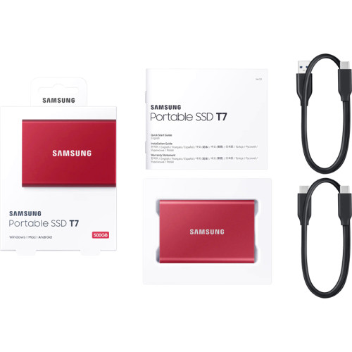 Внешние HDD и SSD/ Samsung External SSD T7, 500GB, Type-C, USB 3.2 Gen2, R/W 1050/1000MB/s, 85x57x8mm, Metallic Red (12 мес.)