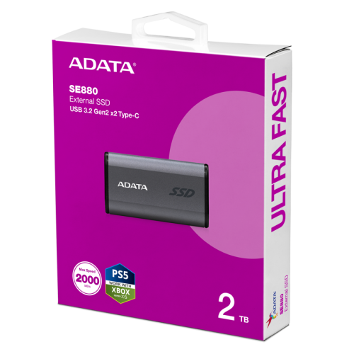 Твердотельный накопитель/ ADATA External SSD SE880, 2000GB, USB 3.2 Gen2 Type-C to Type-C/A, up to R/W 2000/2000 MB/s, 65x35x12.5mm, 31g, Titanium Gray (5 лет)