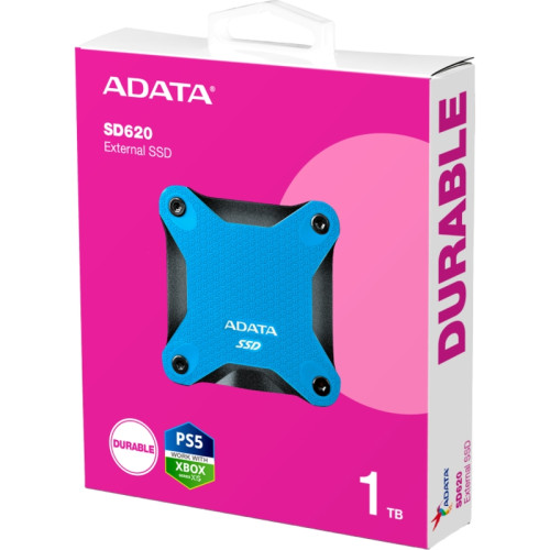 Твердотельный накопитель/ ADATA External SSD SD620, 1000GB, Type-C, USB 3.2 Gen2, R/W 520/460 MB/s, 80x80x15mm, Blue (5 лет)
