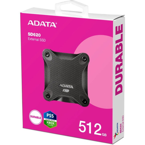 Твердотельный накопитель/ ADATA External SSD SD620, 512GB, Type-C, USB 3.2 Gen2, R/W 550/500 MB/s, 80x80x15mm, Black (5 лет)