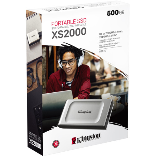 Твердотельный накопитель/ Kingston External SSD XS2000, 2000GB, Type-C, USB 3.2 Gen 2x2, R/W 2000/2000MB/s, IP55, 70x33x14mm, Silver (5 лет)