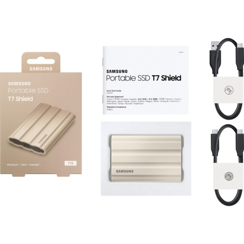 Внешние HDD и SSD Samsung External SSD T7 Shield, 1TB, Type C-to-C/A, USB 3.2 Gen2, R/W 1050/1000MB/s, IP65, 88x59x13mm, 98g, Beige (12 мес.)