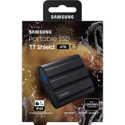 Внешние HDD и SSD/ Samsung External SSD T7 Shield, 4TB, Type C-to-C/A, USB 3.2 Gen2, R/W 1050/1000MB/s, IP65, 88x59x13mm, 98g, Black (12 мес.)