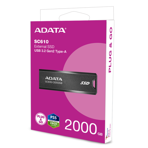 Твердотельный накопитель/ ADATA External SSD SC610, 2000GB, Type-C, USB 3.2 Gen2, R/W 550/500 MB/s, 67x24x10mm, Black (5 лет)