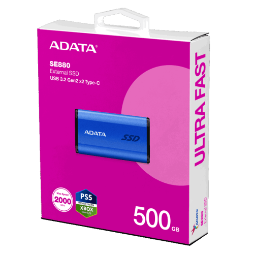 Твердотельный накопитель/ ADATA External SSD SE880, 500GB, USB 3.2 Gen2 Type-C, up to R/W 2000/2000 MB/s, 64.8x35x12.5mm, Blue (5 лет)