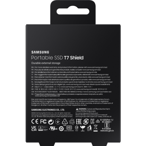 Внешние HDD и SSD Samsung External SSD T7 Shield, 4TB, Type C-to-C/A, USB 3.2 Gen2, R/W 1050/1000MB/s, IP65, 88x59x13mm, 98g, Black (12 мес.)