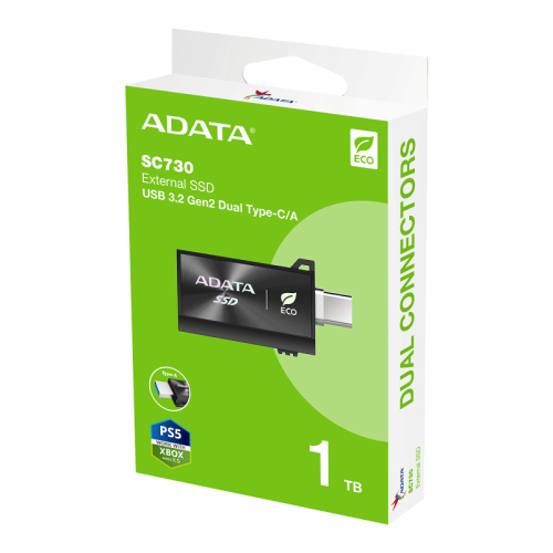 Твердотельный накопитель ADATA External SSD SC730, 1000GB, Type-C, Type-A, USB 3.2 Gen2, R/W 600/600 MB/s, 36.8x23.8x9.7mm, Black (5 лет)