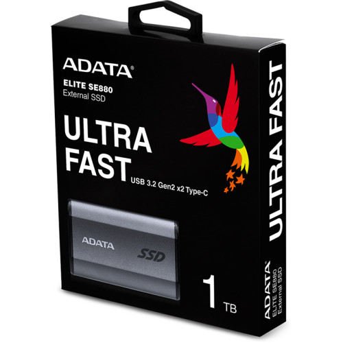 Твердотельный накопитель/ ADATA External SSD SE880, 1024GB, USB 3.2 Gen2 Type-C to Type-C/A, up to R/W 2000/2000 MB/s, 65x35x12.5mm, 31g, Titanium Gray (5 лет)