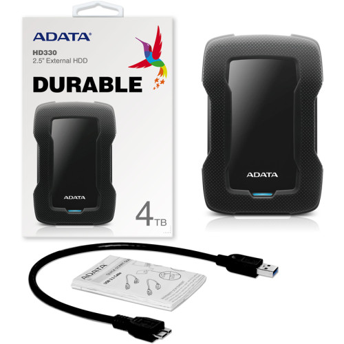 Внешний жесткий диск/ Portable HDD 4TB ADATA HD330 (Black), Silicone, USB 3.2 Gen1, 133x89x23mm, 316g /3 года/